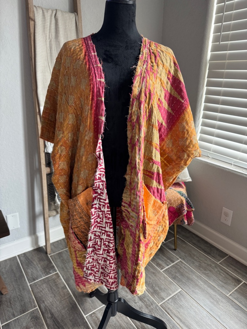Handstitched Orange & Pink Vintage-Style Kimono